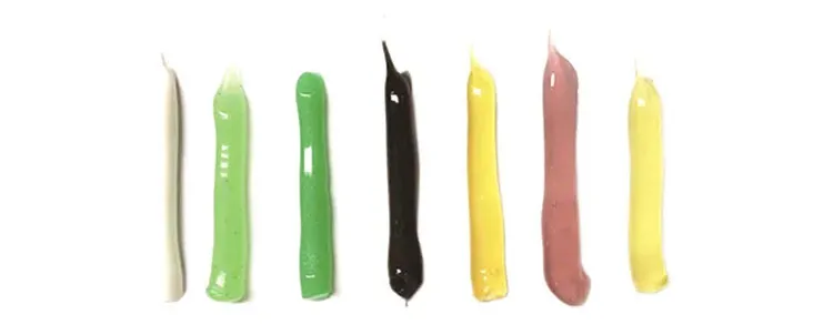 Toothpaste paste samples in seven colours showing the Zongheng formula range